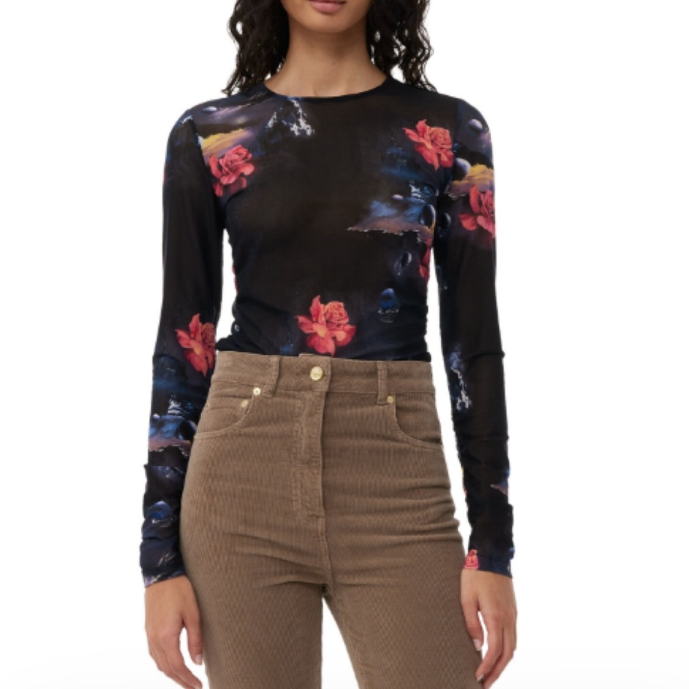 Ganni Black Printed Mesh Long Sleeve Gathered Blouse Size 8